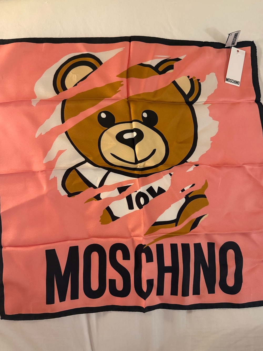 Moschino Pink and Brown Bear toy Graphic 100% Silk soie Scarf
